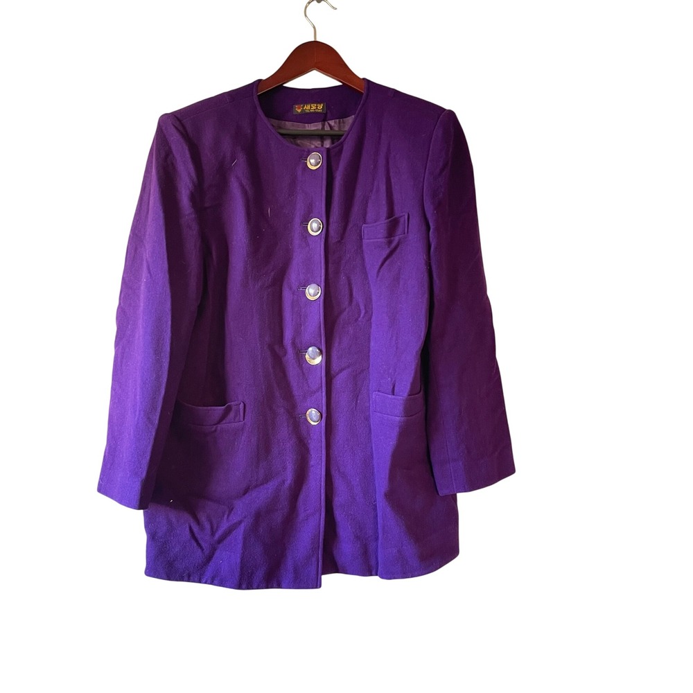 Vintage 80s Purple Collarless Button Front Blazer Women's Large wool career